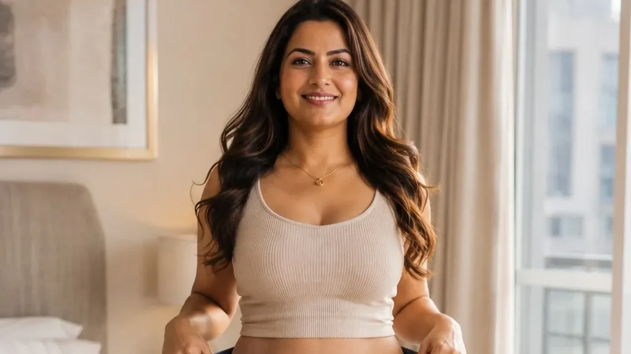 A woman holding out the waistband of jeans that are now too big for her