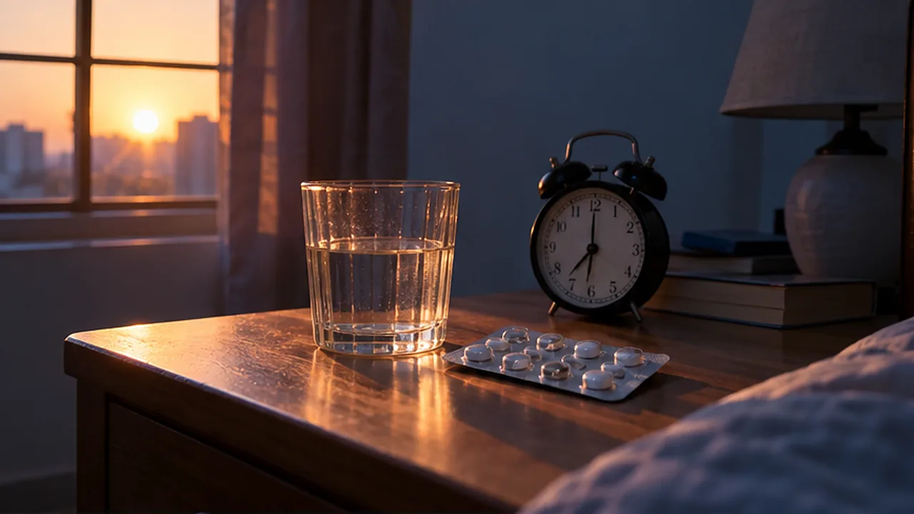 A glass of water and an alarm clock on a bedside table at sunrise