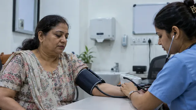 A nurse checking a woman’s blood pressure at a clinic desk