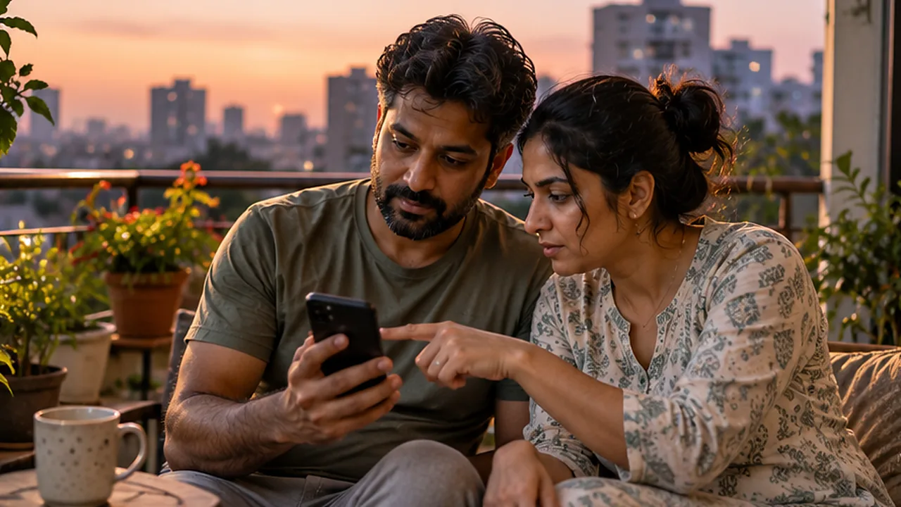 A couple on their terrace at sunset looking at options on a phone