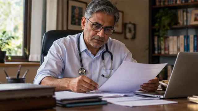 A doctor with a stethoscope reading a report at his desk