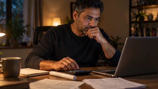 A man at his desk in the evening going over costs on a laptop