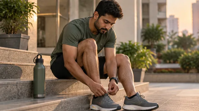 A man tying his shoes on the steps of his building at sunrise