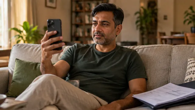 A man on his sofa on a phone video call, papers beside him