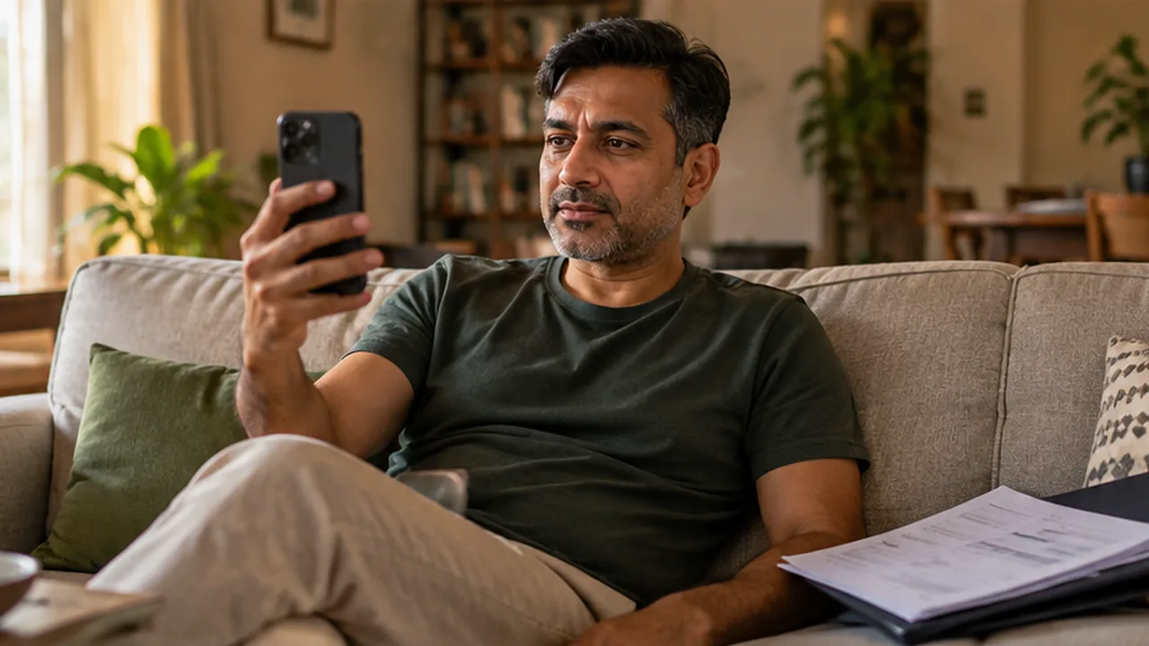 A man on his sofa on a phone video call, papers beside him
