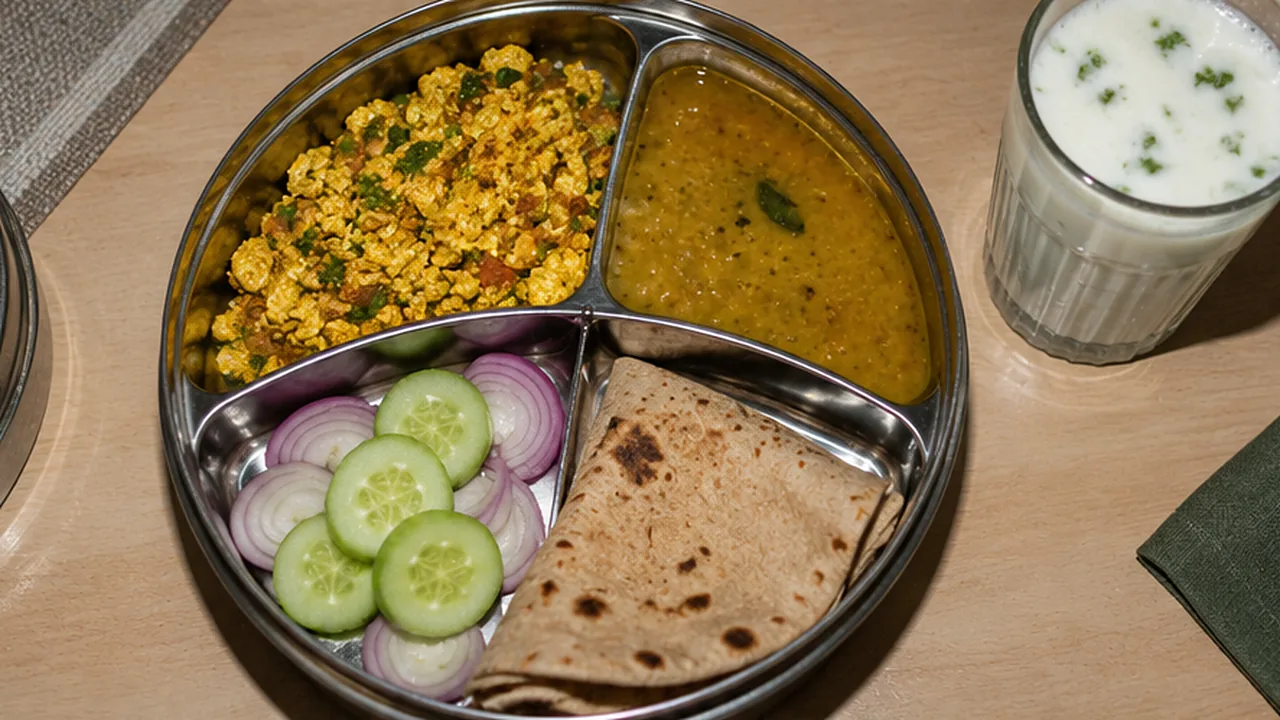 A round steel lunch box with paneer, dal, salad and roti