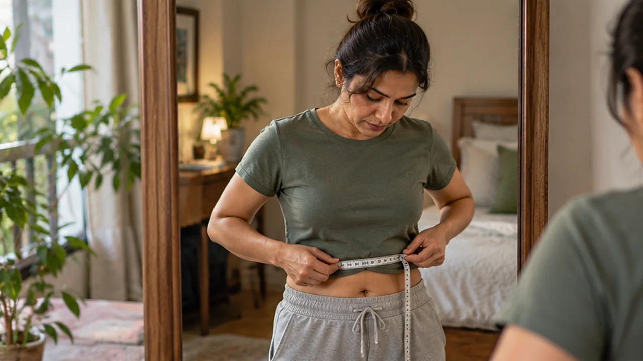 A woman measuring her waist with a tape in her bedroom mirror