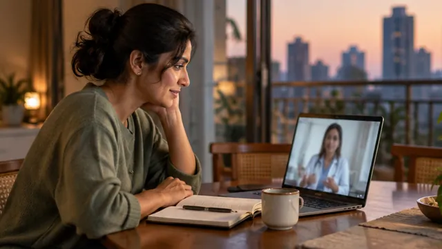 A woman smiling during a video consultation on her laptop at home