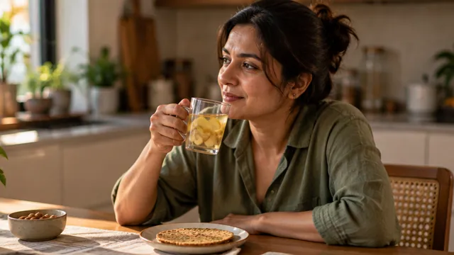 A woman sipping ginger water at her kitchen table in morning light
