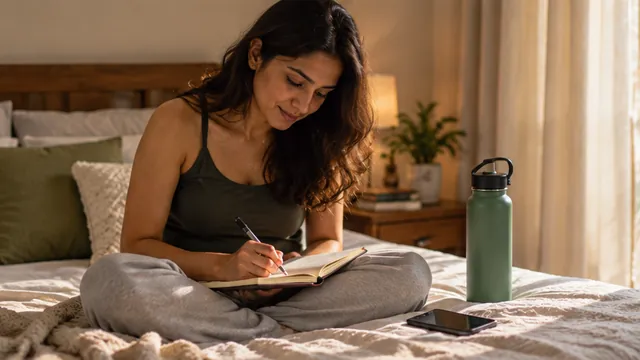 A woman writing in a journal on her bed, a water bottle beside her
