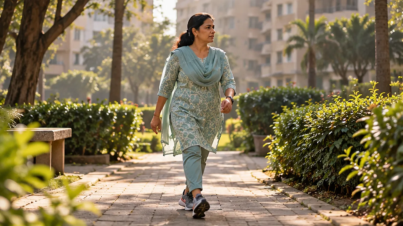 A woman in a salwar kameez walking along a garden path in the morning