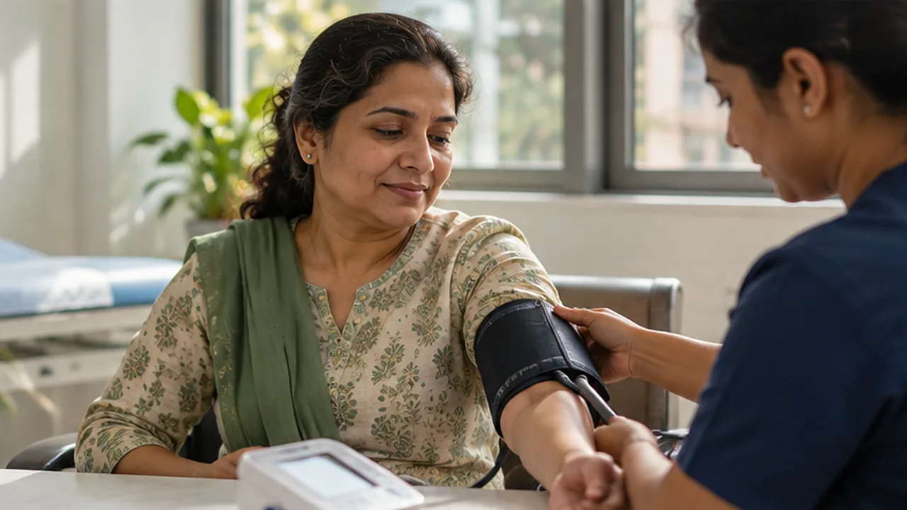 A woman having her blood pressure checked in a bright clinic