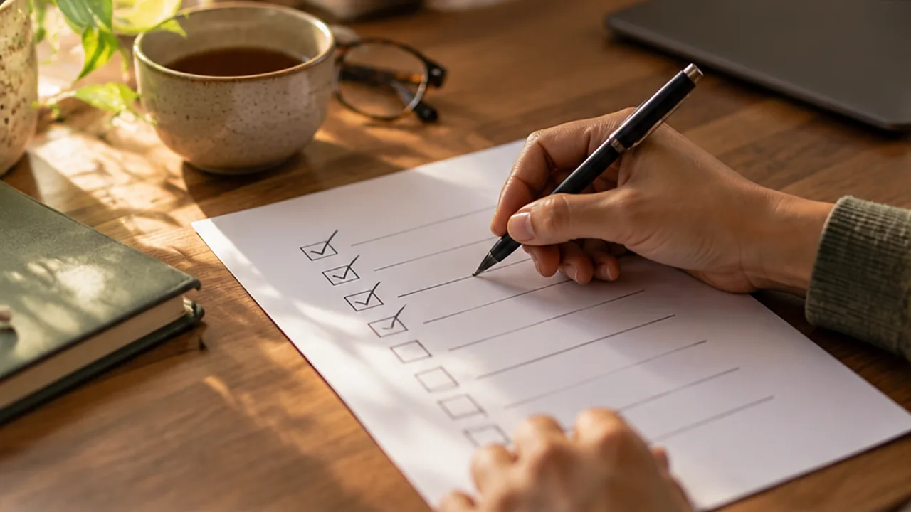 A hand ticking a printed checklist on a desk beside a cup of tea