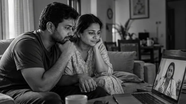 A couple on a sofa listening to a doctor on a video call