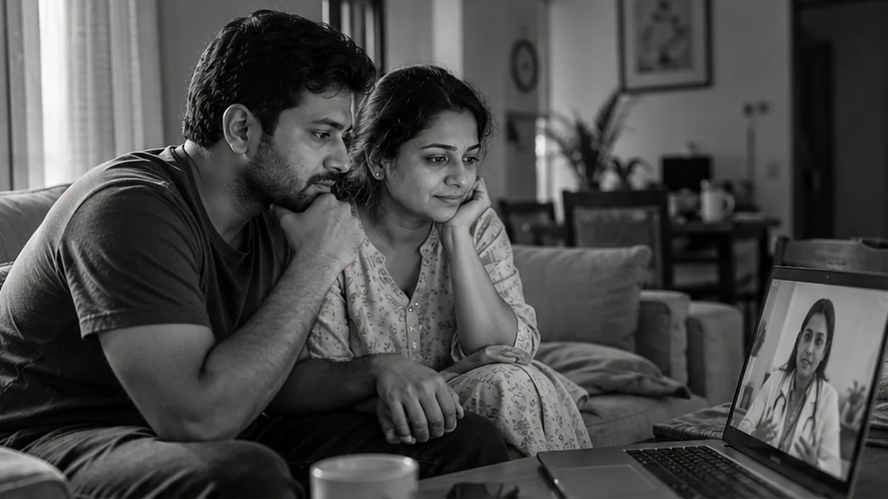 A couple on a sofa listening to a doctor on a video call