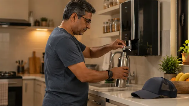 A man filling a steel water bottle from a kitchen water purifier