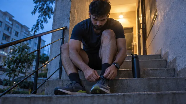 A man tying his running shoes on apartment steps at dawn