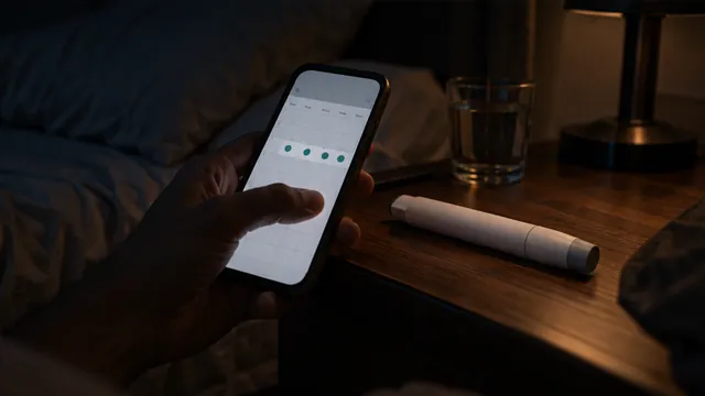 A phone showing a weekly reminder next to an injection pen on a bedside table