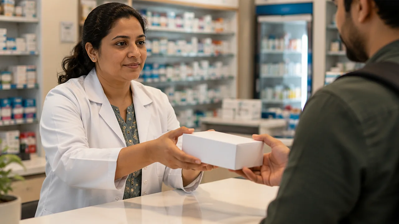 A pharmacist handing a sealed box to a customer at a chemist counter