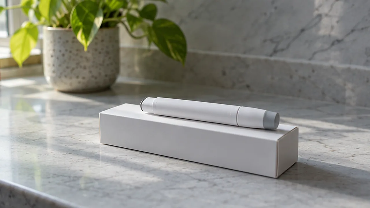 An injection pen resting on its carton on a marble counter