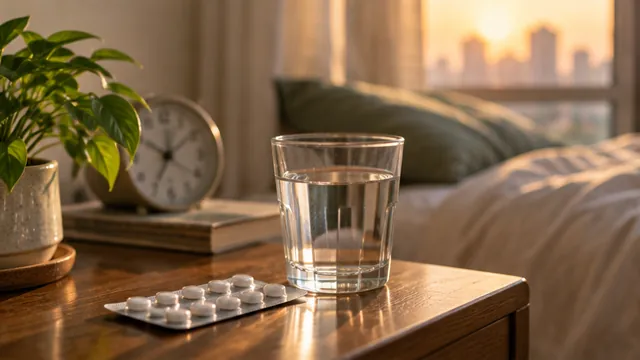 A tablet strip and a glass of water on a bedside table at sunrise