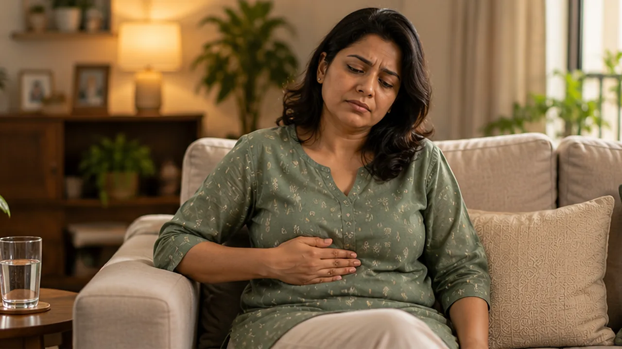 A woman on a sofa with her hand on her upper abdomen, a glass of water nearby