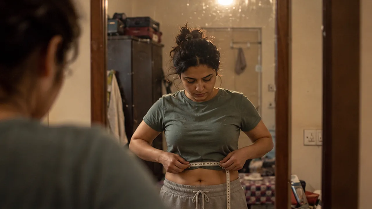 A woman measuring her waist with a tape in front of a mirror