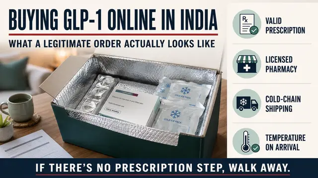Cold-chain pharmacy delivery box containing a tirzepatide KwikPen with prescription paperwork