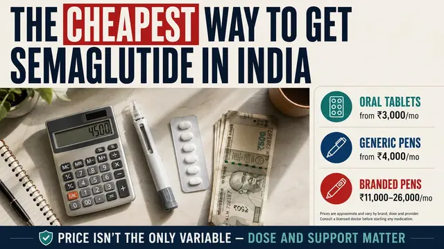 Calculator, prescription and semaglutide vial and pen laid out for a cost comparison