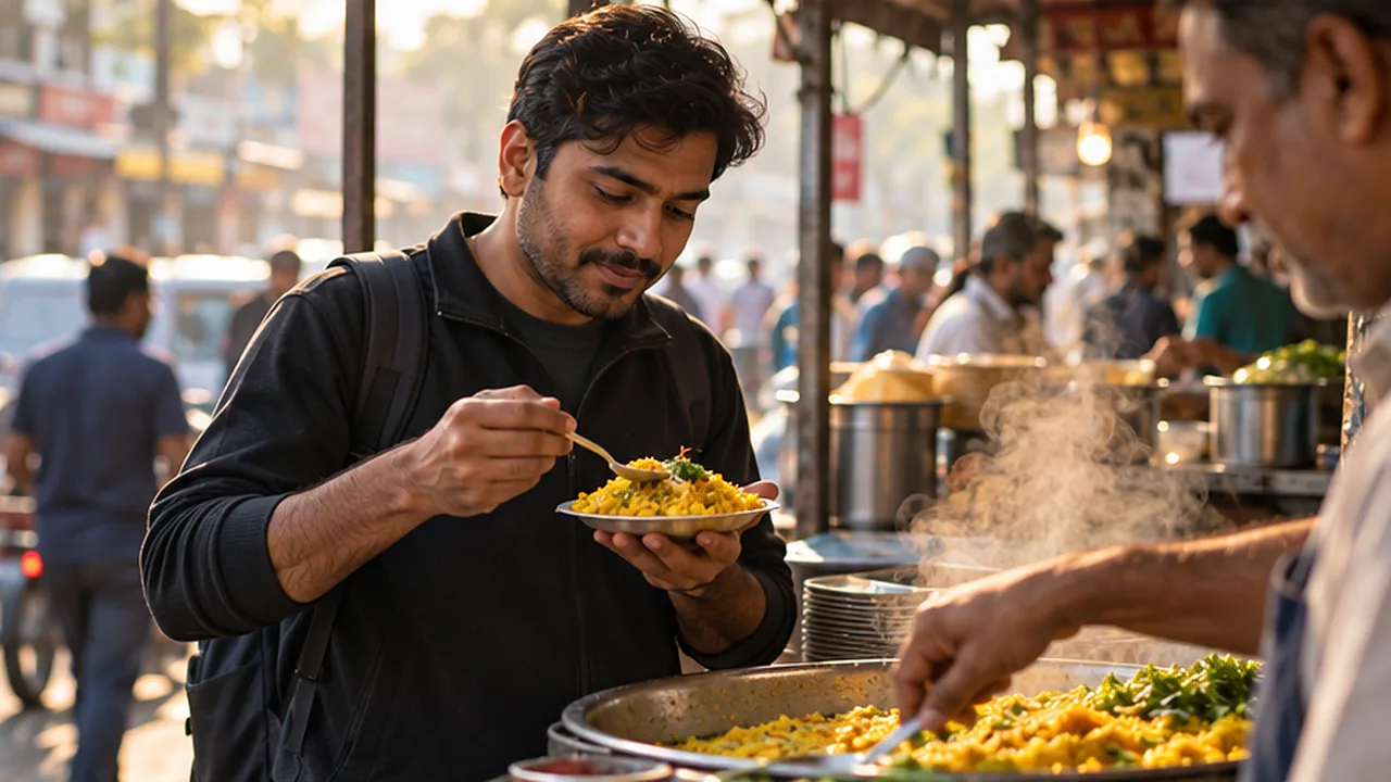 A man eating poha at a busy Indore street stall in the morning