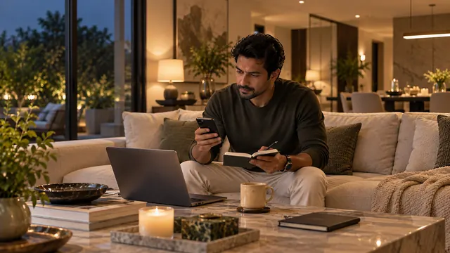 A man at home comparing two weight-loss programmes on his phone and laptop in the evening