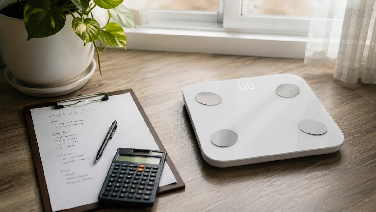 Weighing scale showing weight loss progress next to a monthly cost calculation sheet