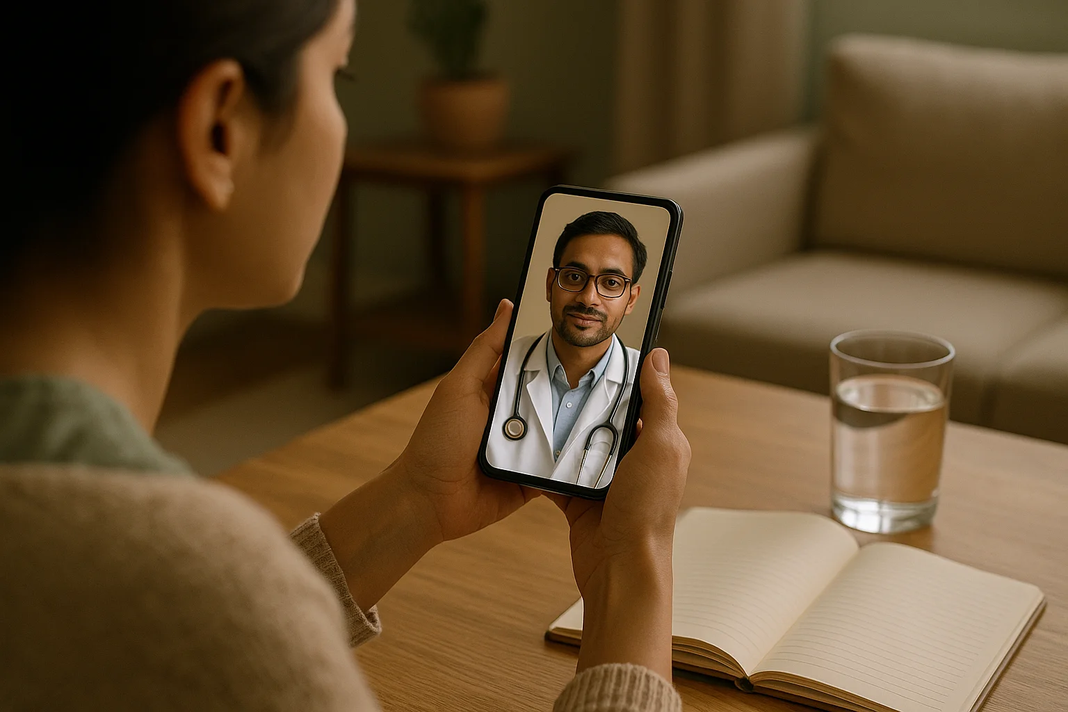 A person in Delhi NCR taking a video doctor consultation on their phone from home