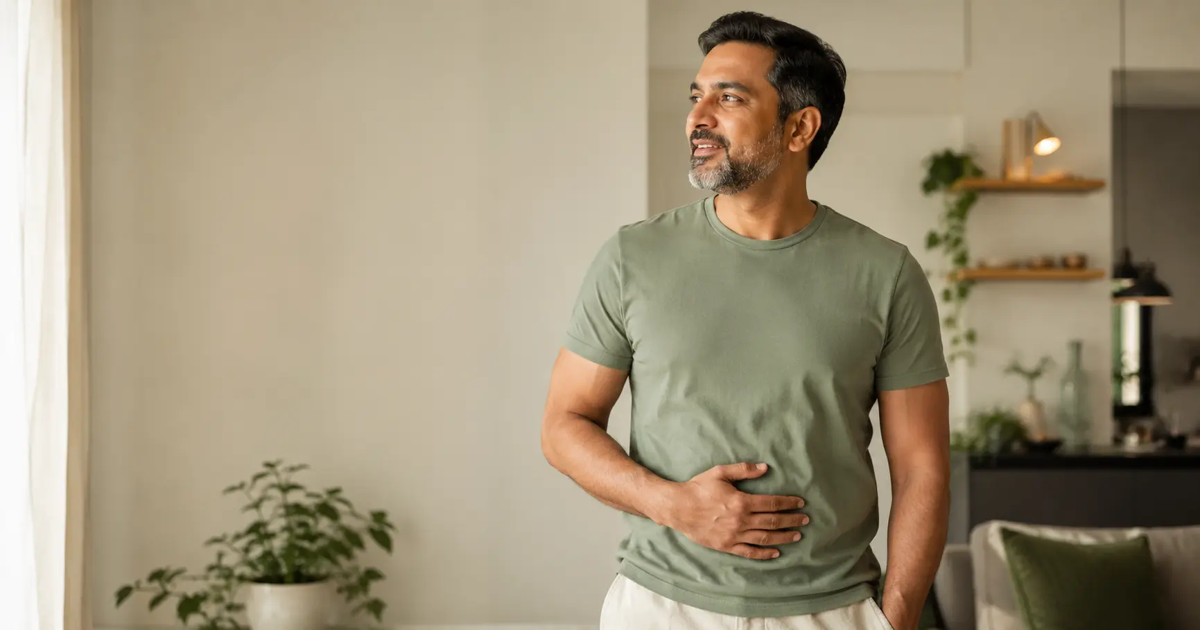 A confident Indian man in his late 30s standing relaxed in a bright modern home