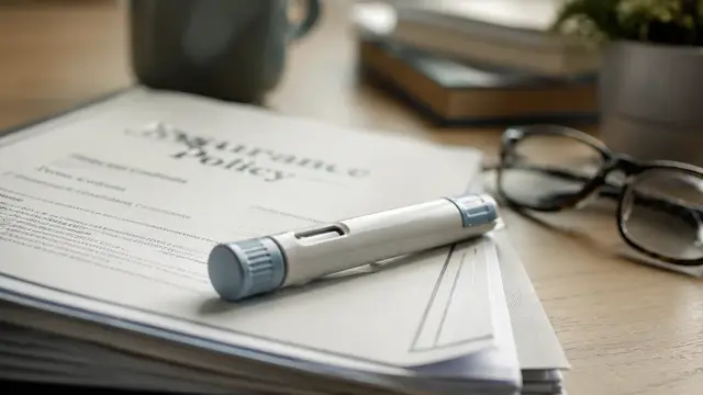 Health insurance policy document beside a GLP-1 injection pen and a claim form