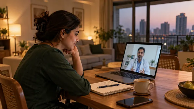 A woman at her dining table on a video consultation with a doctor, city lights outside at dusk