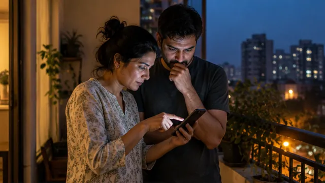 A couple on their balcony at night comparing prices on a phone