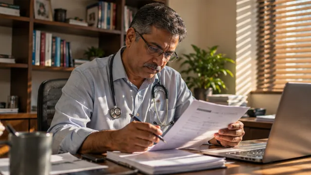 A senior doctor at his desk reviewing a patient’s blood reports