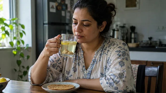 A woman at her kitchen table sipping warm ginger and lemon water