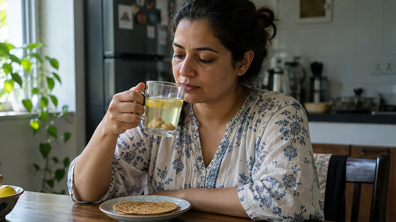 A woman at her kitchen table sipping warm ginger and lemon water