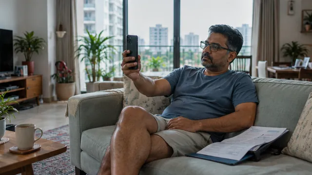 A man on his sofa at home on a video call with a doctor, blood reports beside him