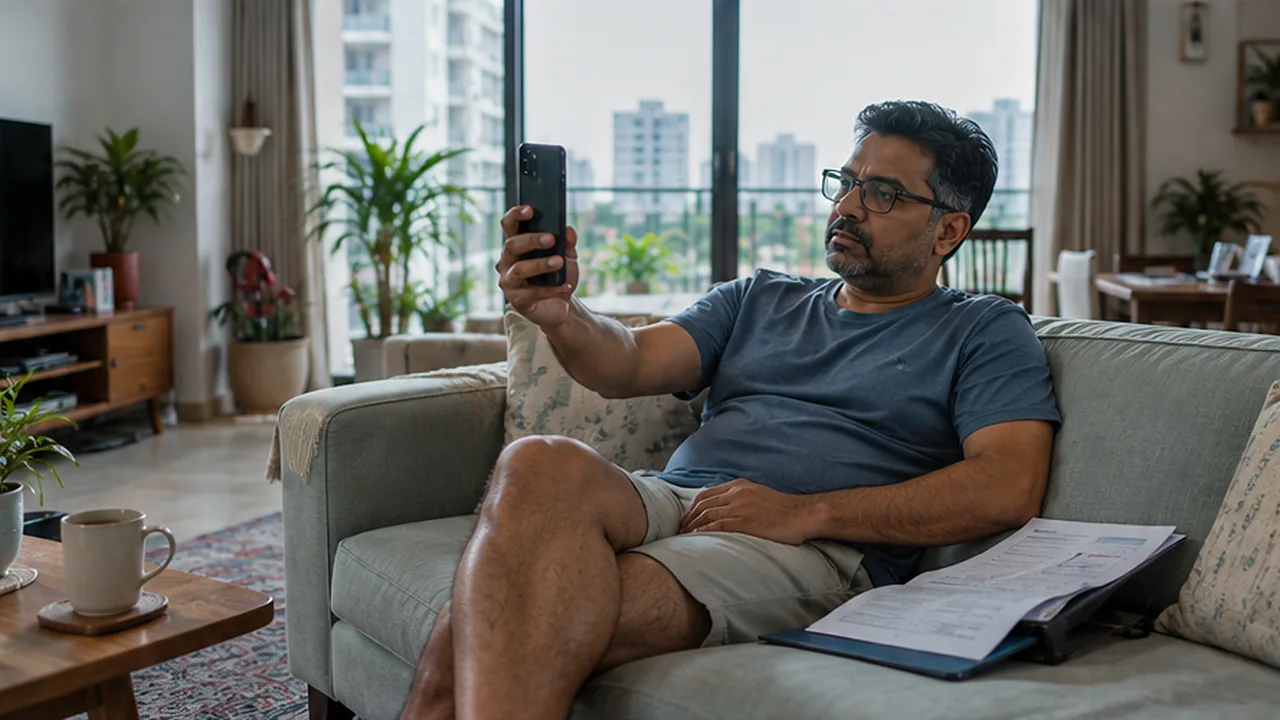 A man on his sofa at home on a video call with a doctor, blood reports beside him