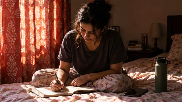 A young woman writing in a journal on her bed in afternoon light