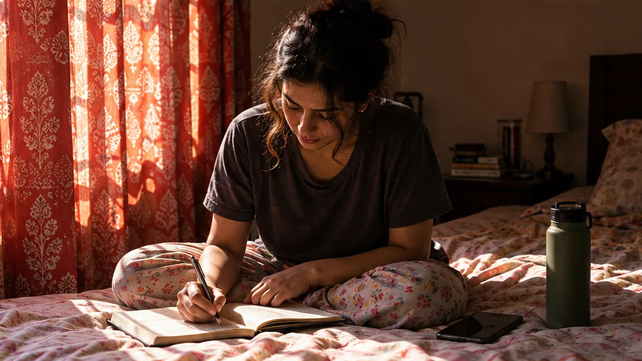 A young woman writing in a journal on her bed in afternoon light