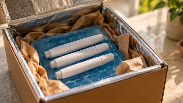 Three injection pens on an ice pack inside an insulated delivery box