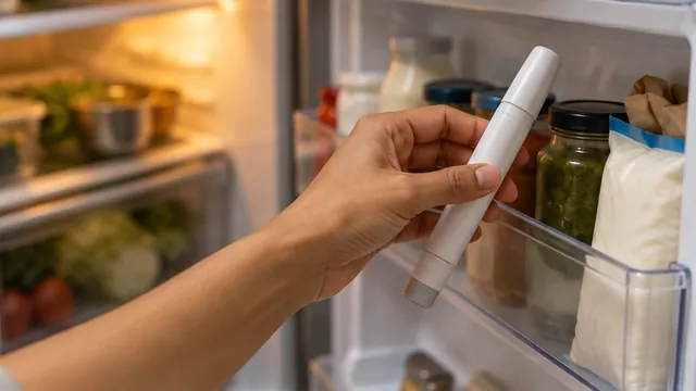 A hand taking an injection pen from the door of a home refrigerator