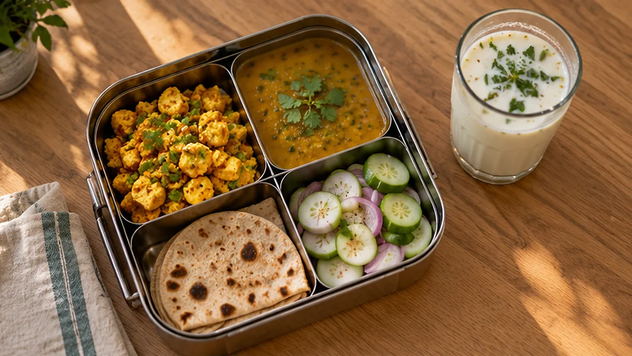 A steel lunch dabba with paneer, dal, salad and roti, with a glass of chaas