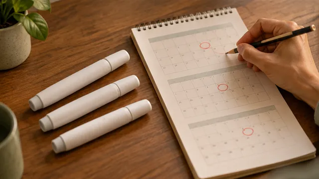 Three injection pens beside a paper calendar marking one week each month