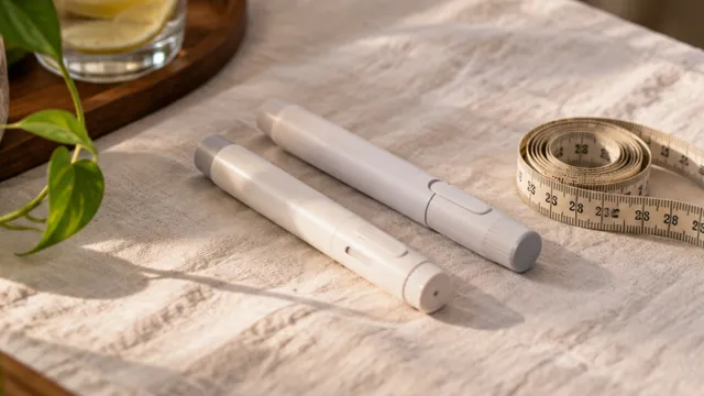 Two injection pens side by side on a linen cloth with a measuring tape