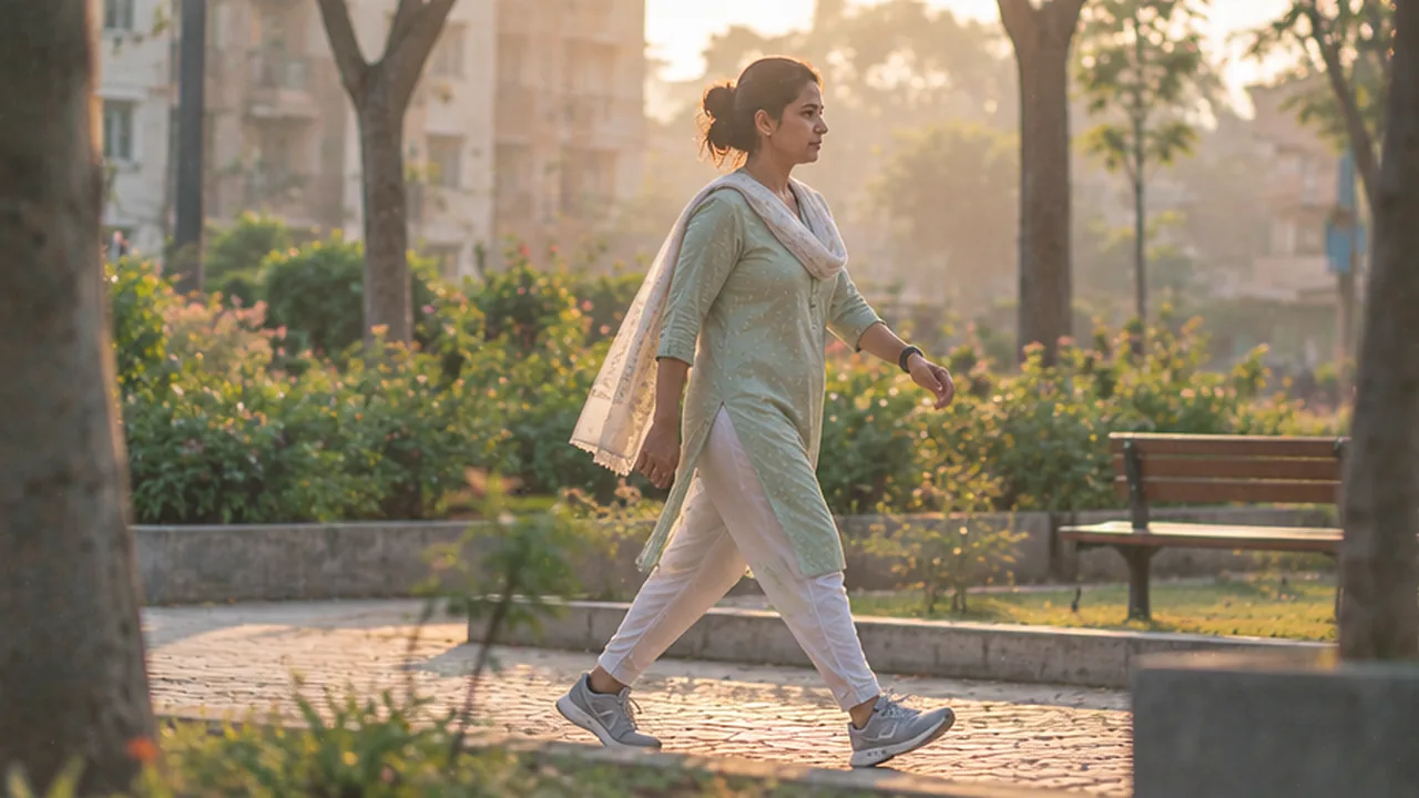 A woman walking briskly through a residential garden in the early morning